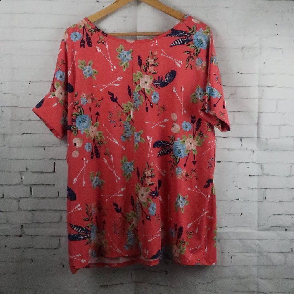 HONEY LACE PINK FLORAL SHORT SLEEVE ROUND NECK TUNIC TOP SIZE MEDIUM - Picture 7 of 8